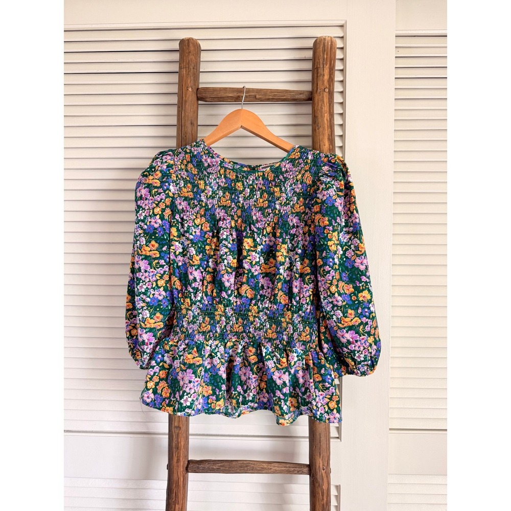 PLEIONE Floral Print Smocked Peplum Blouse Womens‎ XS